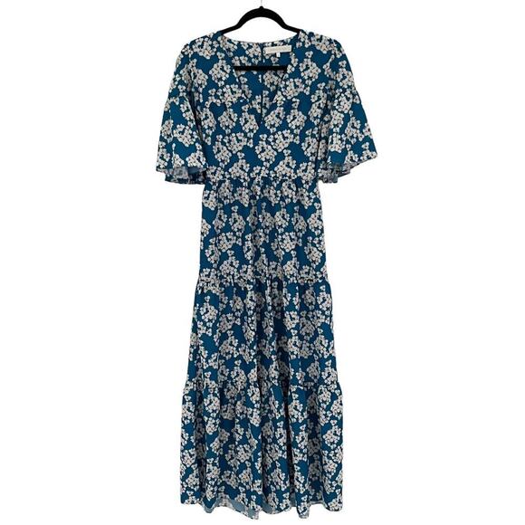 Borgo De Nor Teodora Crepe Dress Bouquet Blue White Flutter Sleeve Maxi Size 2 - Picture 4 of 14